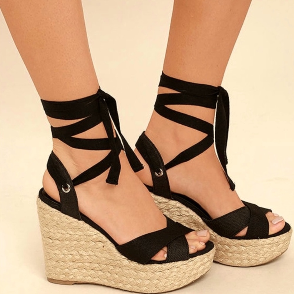 Lulus black Esme lace up espadrille wedges. Size 7.5. EUC with box!